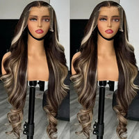 Auburn Brown Highlight Lace Front Wig 13*4 Inch Body Wave Synthetic Lace Front Wigs for Women Long Wavy Glueless Wigs