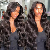 Glue less Body Wave Lace Front Wig - 250% Density, Pre-Plucked & Cut, HD 6x4 Closure, Heat Resistant Human Hair, Easy Put-On Design, Black