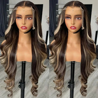Auburn Brown Highlight Lace Front Wig 13*4 Inch Body Wave Synthetic Lace Front Wigs for Women Long Wavy Glueless Wigs