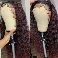Ombre 1B/99J Burgundy Red Colored Deep Wave 32 Inch Lace Frontal Wig For Women Natural Heat Resistant Fiber Synthetic Wigs