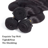 100% Virgin Brazilian Hair Extensions in Natural Black Color, Available in 12-40 Inch Body Wave Bundles, Sold in 1/3 Bundles.
