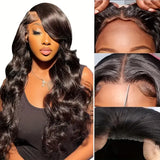 Glue less Body Wave Lace Front Wig - 250% Density, Pre-Plucked & Cut, HD 6x4 Closure, Heat Resistant Human Hair, Easy Put-On Design, Black