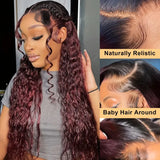 Ombre 1B/99J Burgundy Red Colored Deep Wave 32 Inch Lace Frontal Wig For Women Natural Heat Resistant Fiber Synthetic Wigs